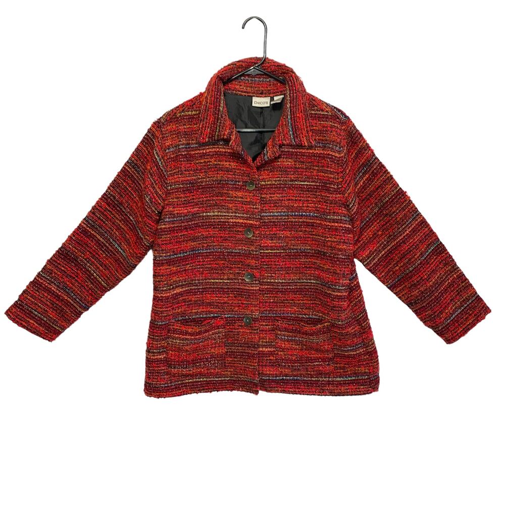 Chico's Tweed Button Front Jacket Women's Size 2 (L) Red Metallic Shimmer